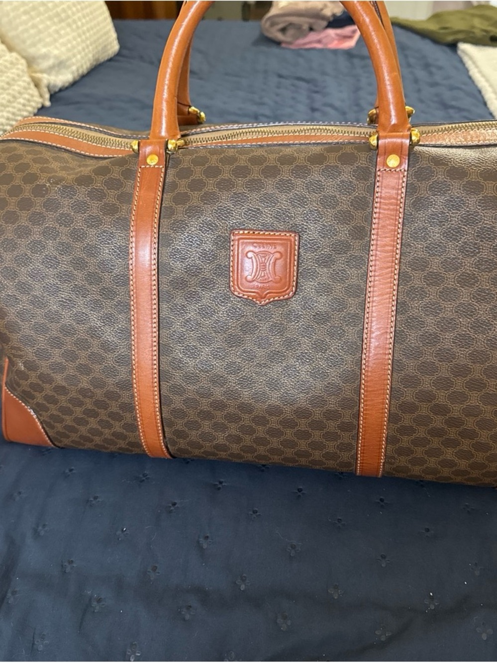 Celine Brown Patterned Travel Duffel with Tan Leather Trim